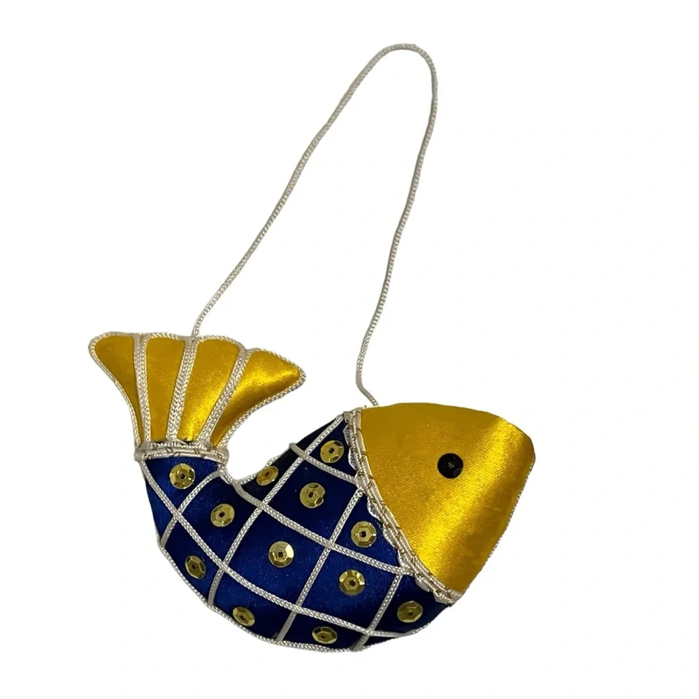 Vintage Satin Plush Sequin Blue & Gold Fish Christmas Ornament